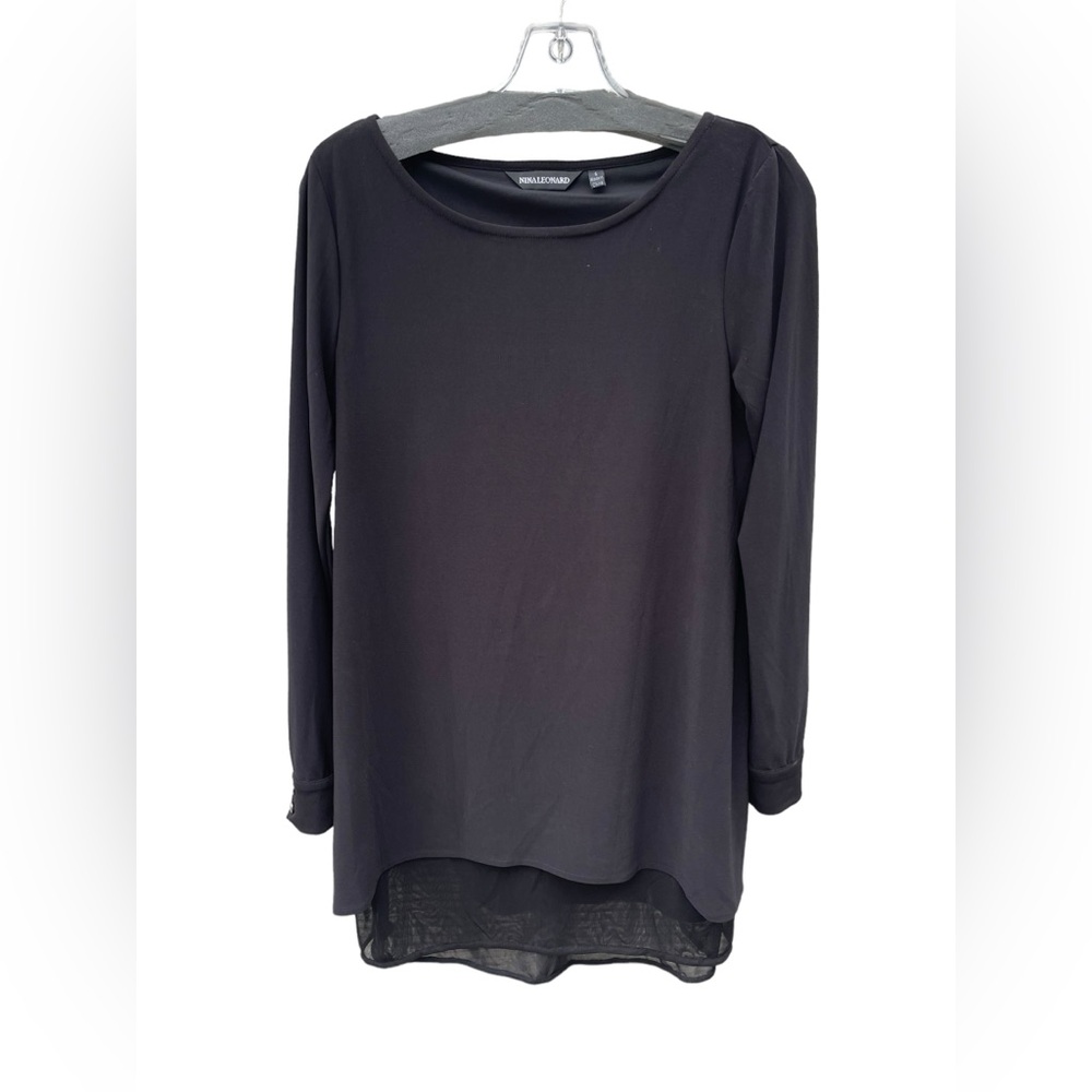 Nina Leonard Womens Black Long Sleeveā Layered Sheer Hem Split Back Tunic Top S